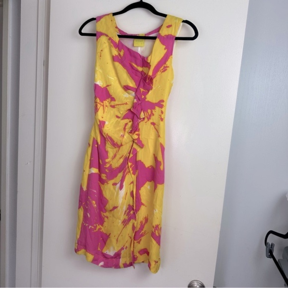 Aysha Hot Pink & Yellow Artsy Print 100%Silk Ruffle & Zipper Front Dress NWOT 2‎